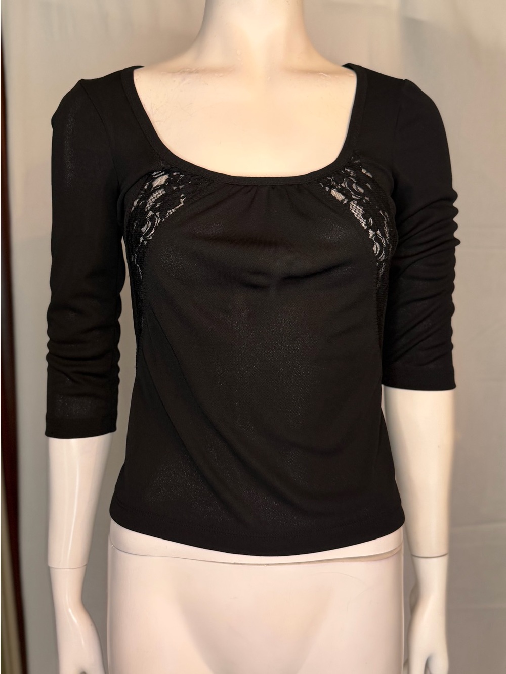 D&G Black Scoop Neck Long Sleeve Lace-Panel Top